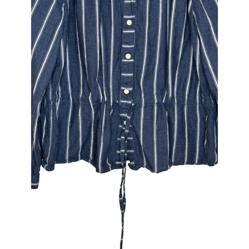 J.Crew Shirt Womens 8 Blue Stripe Drawstring Peplum Button Front Long Sleeve Top